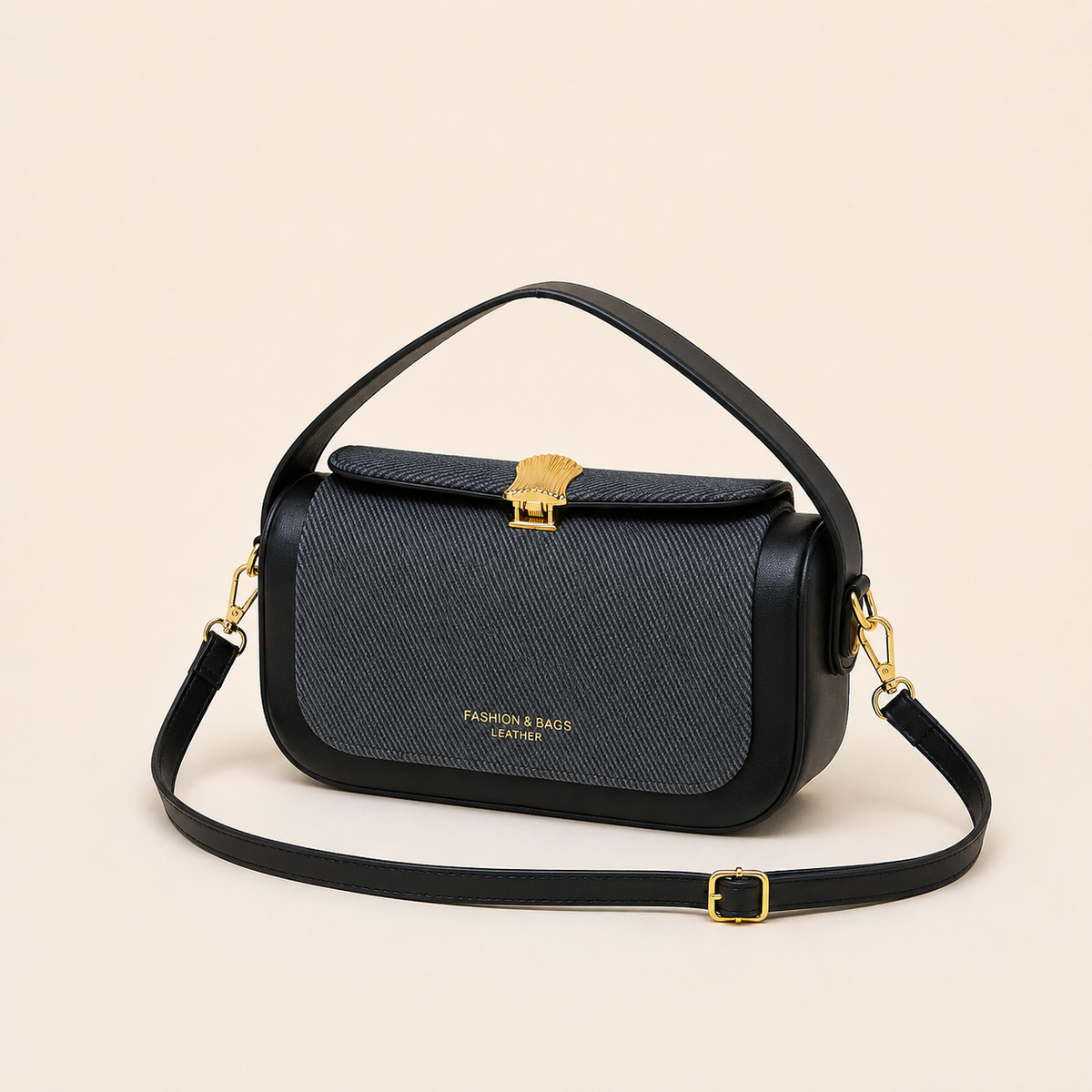 Bolso Colette negro, mini bandolera bicolor con broche dorado