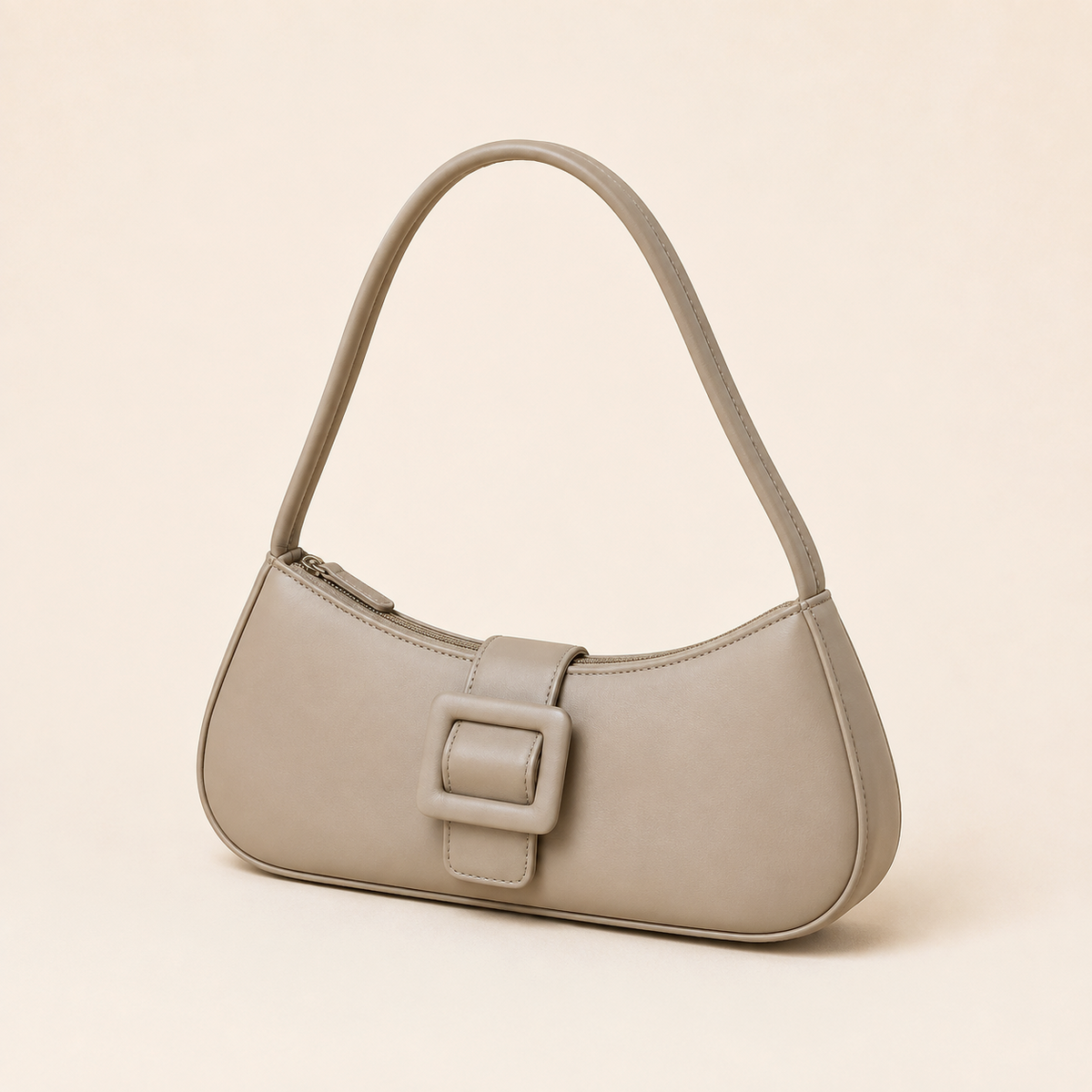 Bolso Julia caqui, baguette de hombro con hebilla cuadrada forrada