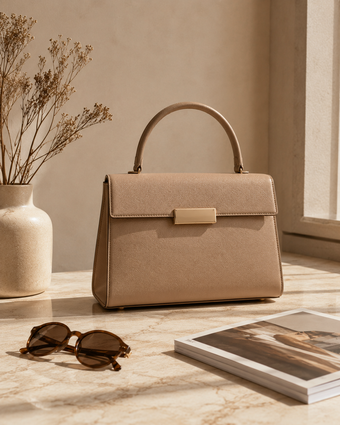 Bodegón editorial con un bolso Marlbags en tonos beige