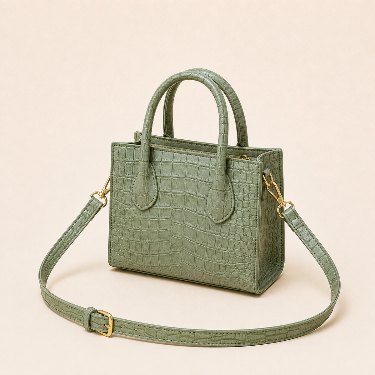 Bolso Olivia verde salvia, mini tote con grabado de cocodrilo y herrajes dorados