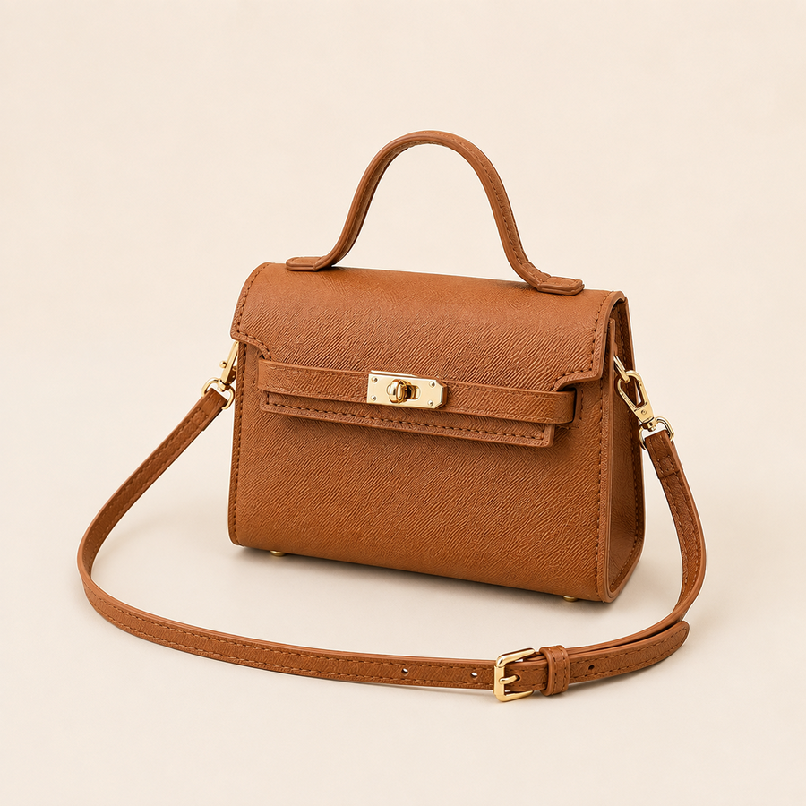 Bolso Clara camel de piel sintética con asa superior rígida, cierre giratorio dorado y correa larga desmontable