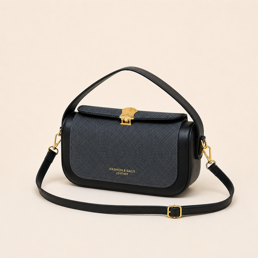 Bolso Colette negro, mini bandolera bicolor con broche dorado
