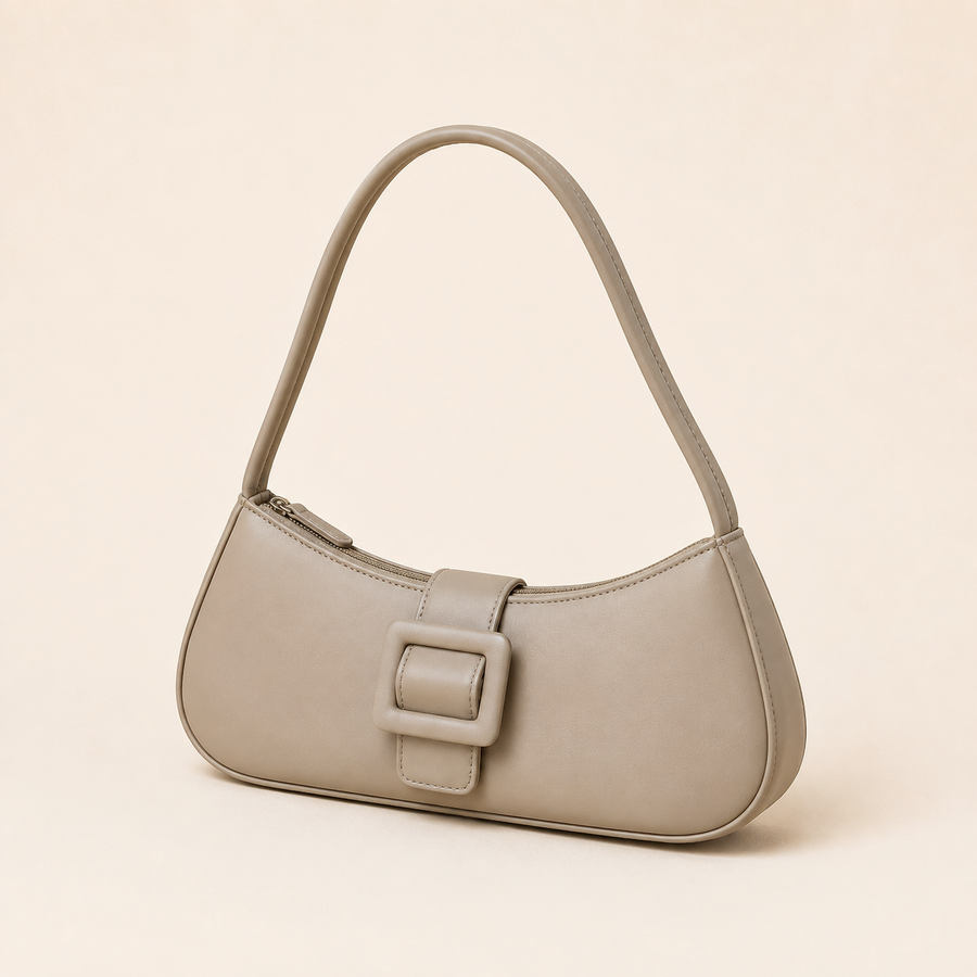 Bolso Julia caqui, baguette de hombro con hebilla cuadrada forrada