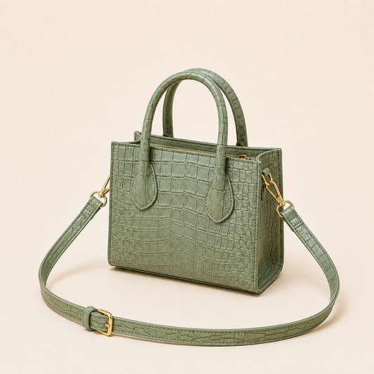 Bolso Olivia verde salvia, mini tote con grabado de cocodrilo y herrajes dorados